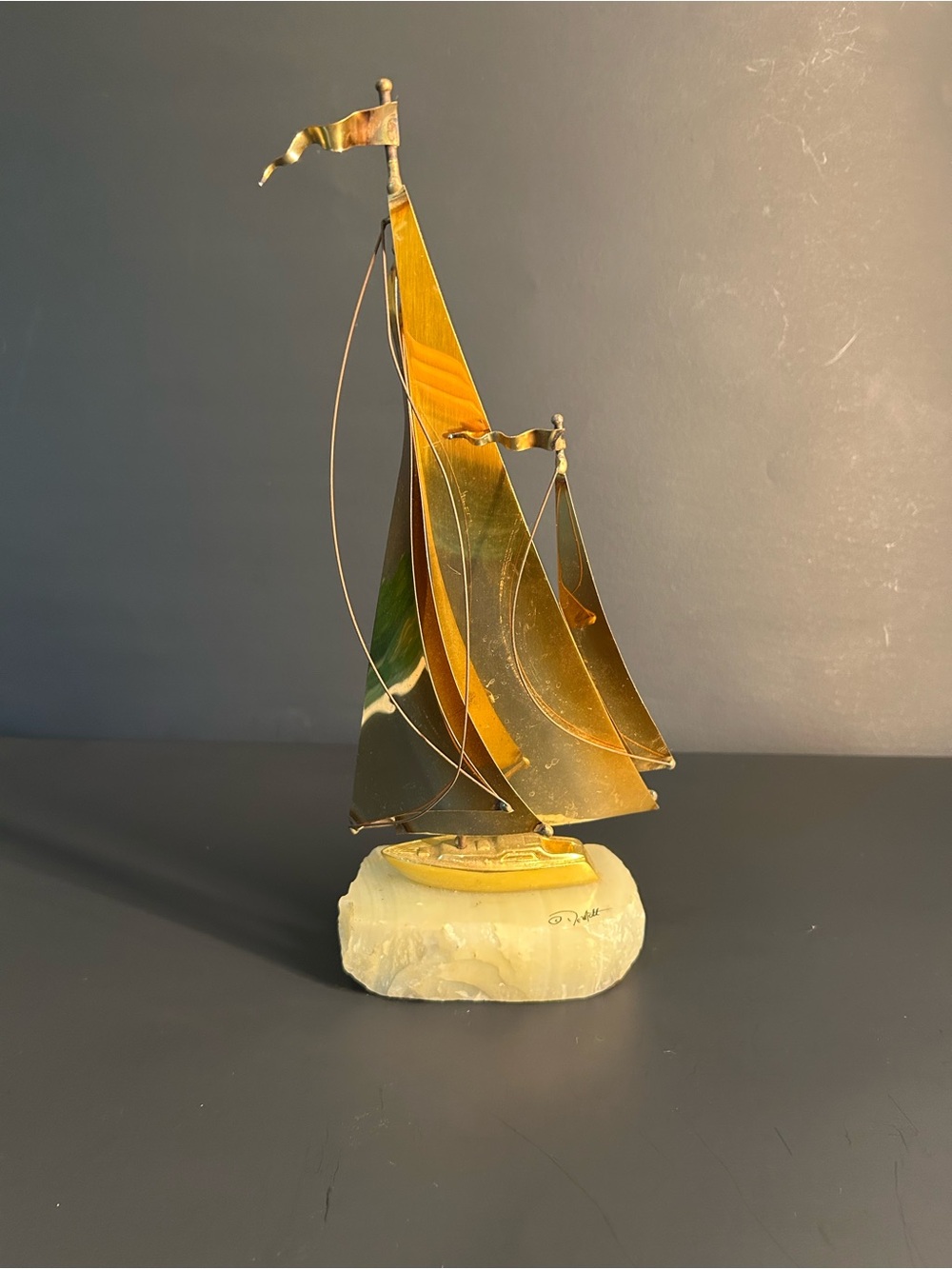 Nautical Vintage John Demott Signed Sailboat Sculpture on Onyx Base